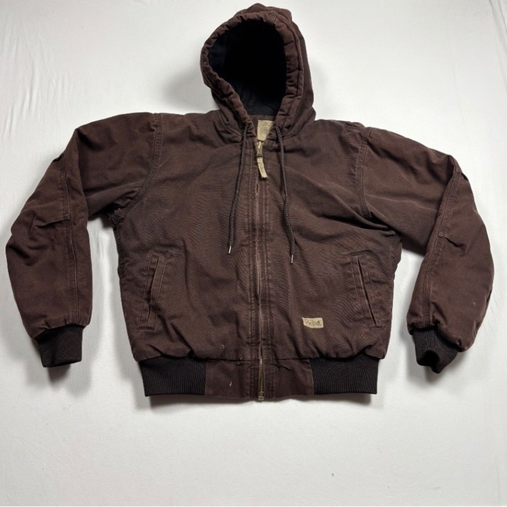 Men's Berne Brown Hooded Duck Canvas Bomber Work Jacket Full Zip Quilted Lined S
